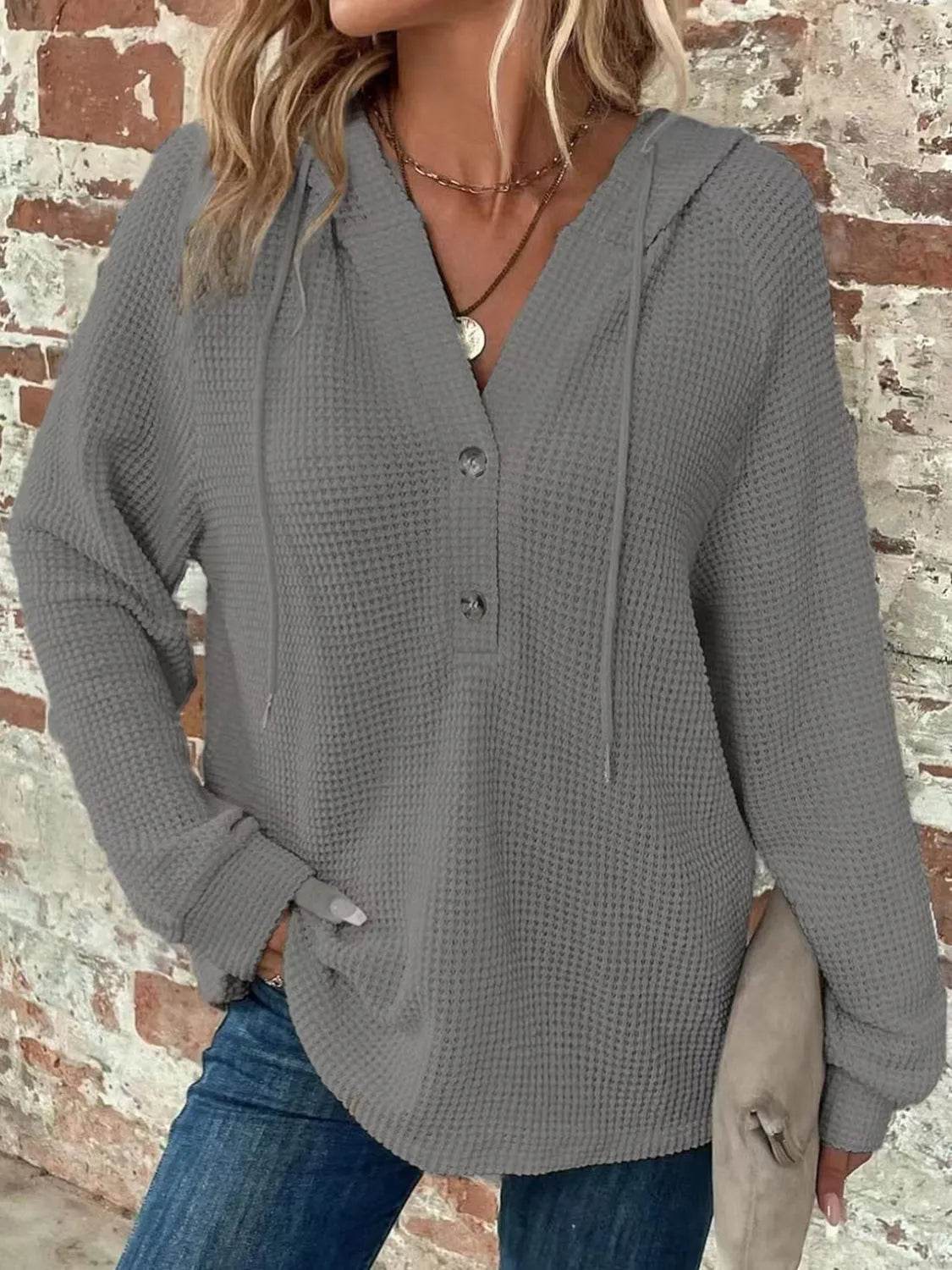 Waffle Knit Long Sleeve Drawstring Hooded Top - Bona Fide Fashion