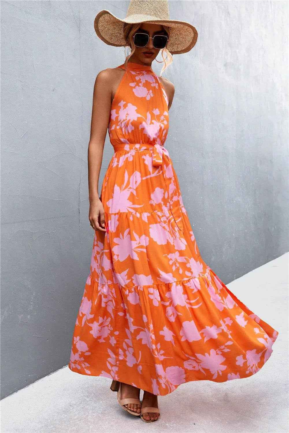 Printed Sleeveless Tie Waist Maxi Dress - Bona Fide Fashion
