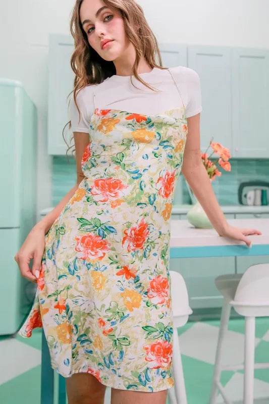 HYFVE Floral Cowl Neck Flirty Satin Mini Dress - Bona Fide Fashion