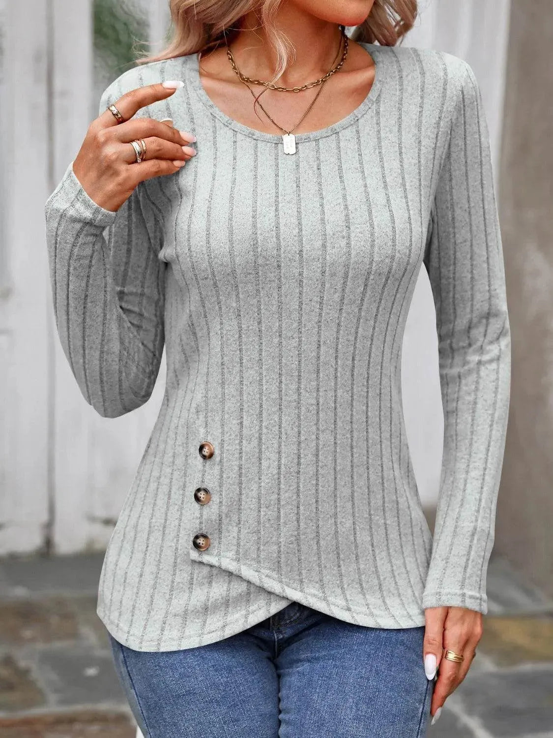 Decorative Button Round Neck Long Sleeve T-Shirt - Bona Fide Fashion