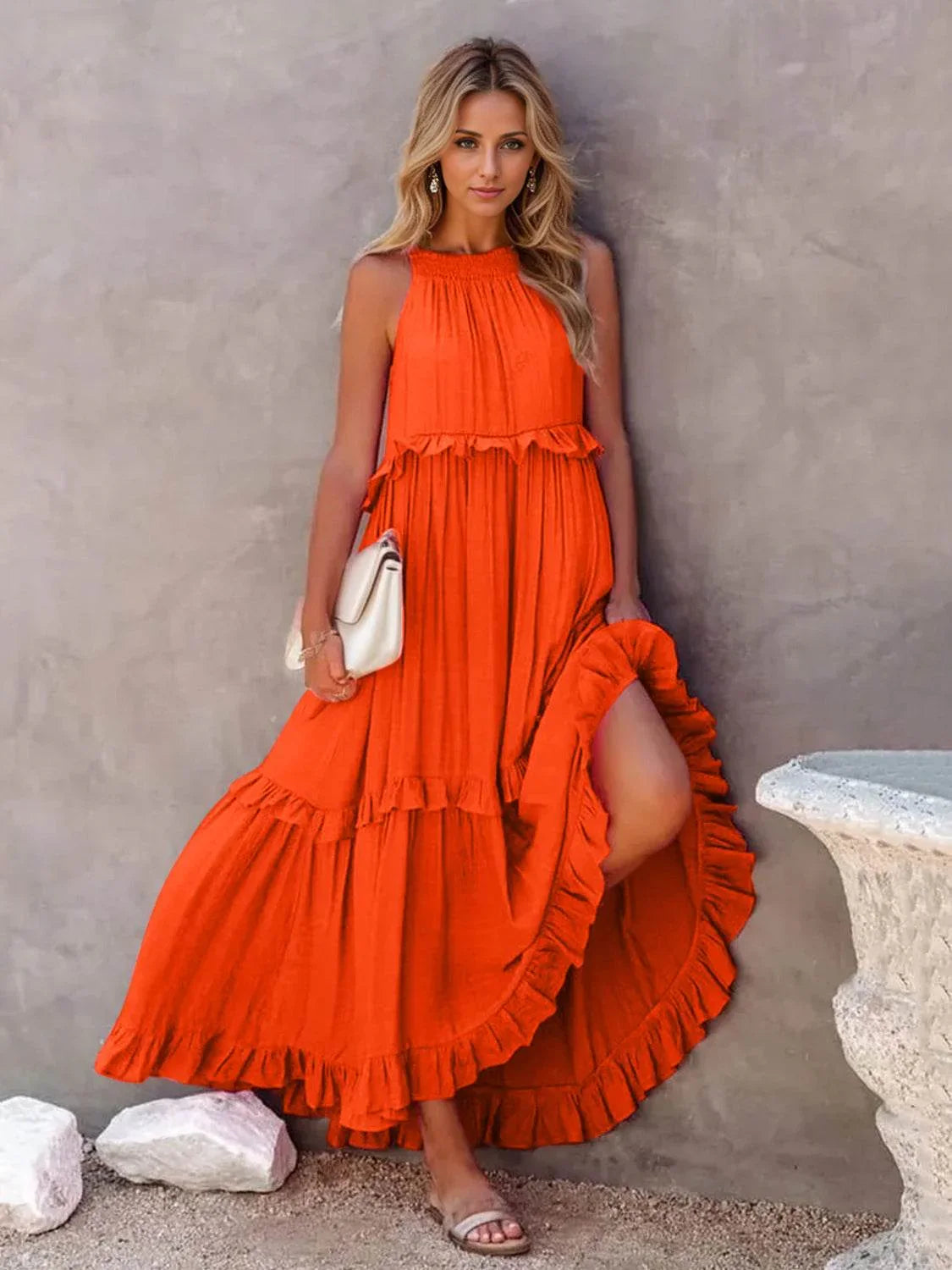 Ruffled Sleeveless Tiered Maxi Dress with Pockets - Bona Fide Fashion