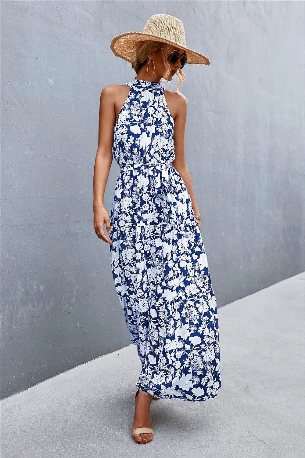 Printed Sleeveless Tie Waist Maxi Dress - Bona Fide Fashion
