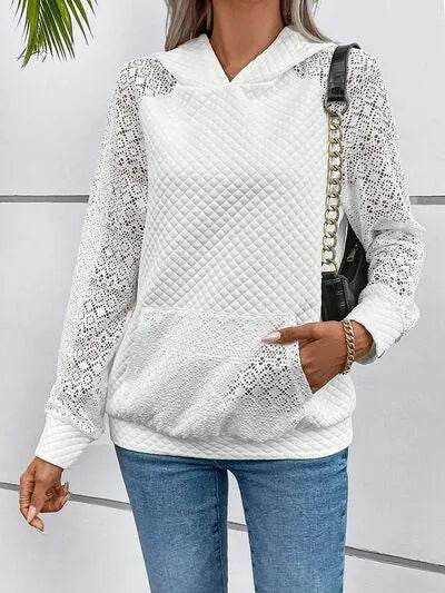 Lace Openwork Kangaroo Pocket Hoodie - Bona Fide Fashion