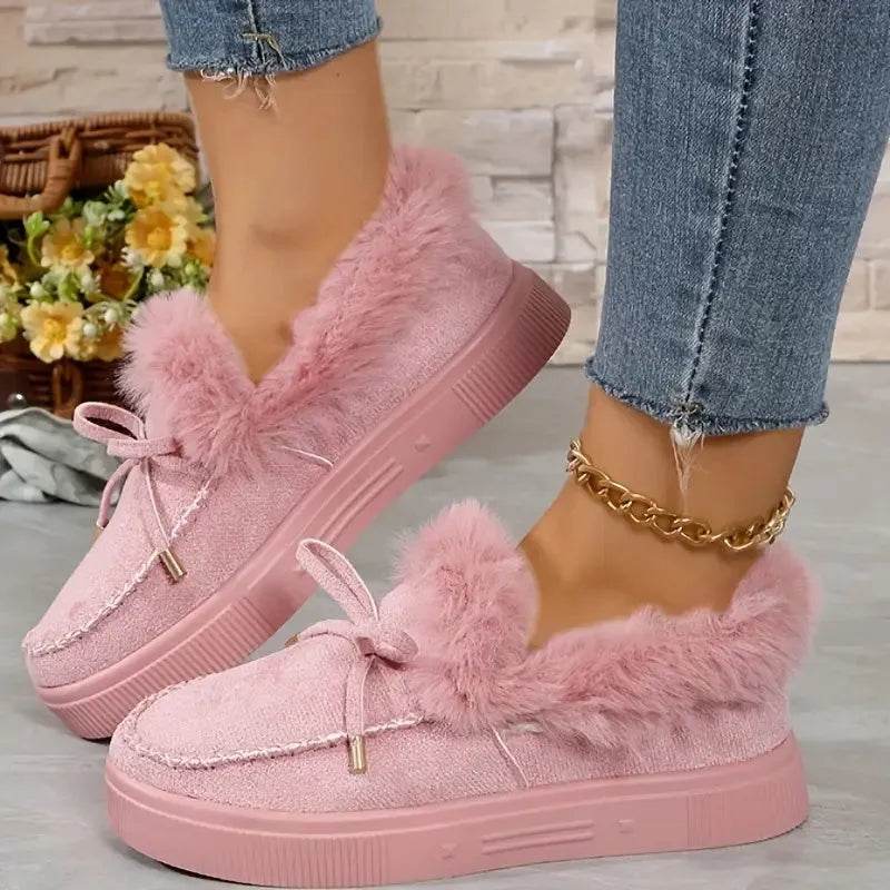 Bow Furry Round Toe Flat Slip-Ons - Bona Fide Fashion