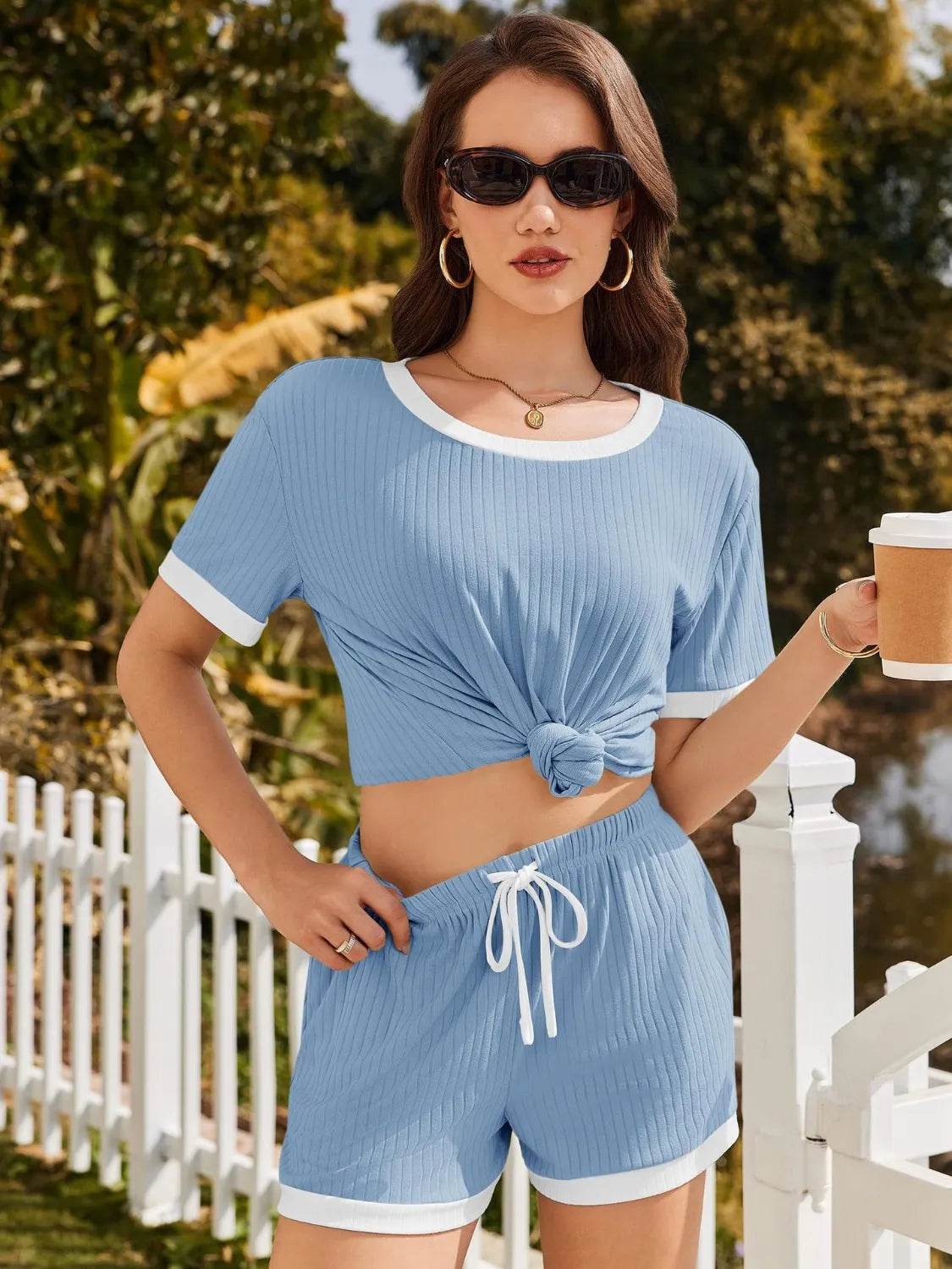 Ribbed Round Neck Top and Shorts Set - Bona Fide Fashion