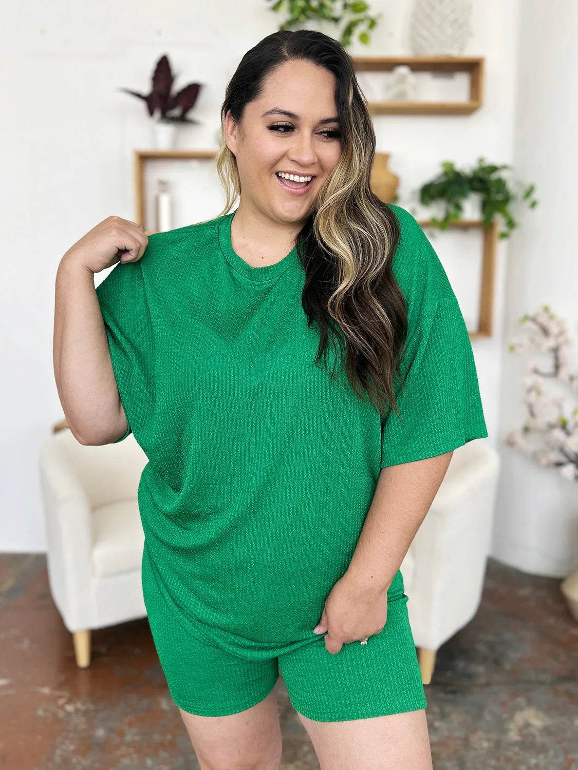 Double Take Full Size Texture Round Neck Drop Shoulder T-Shirt and Shorts Set - Bona Fide Fashion