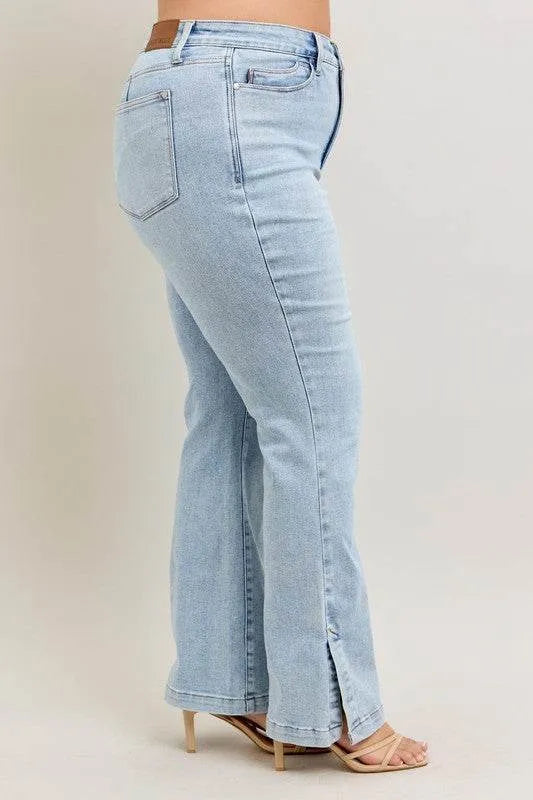 Judy Blue Full Size Tummy Control Vintage Wash Side Slit Slim Boot Jeans Plus Size - Bona Fide Fashion