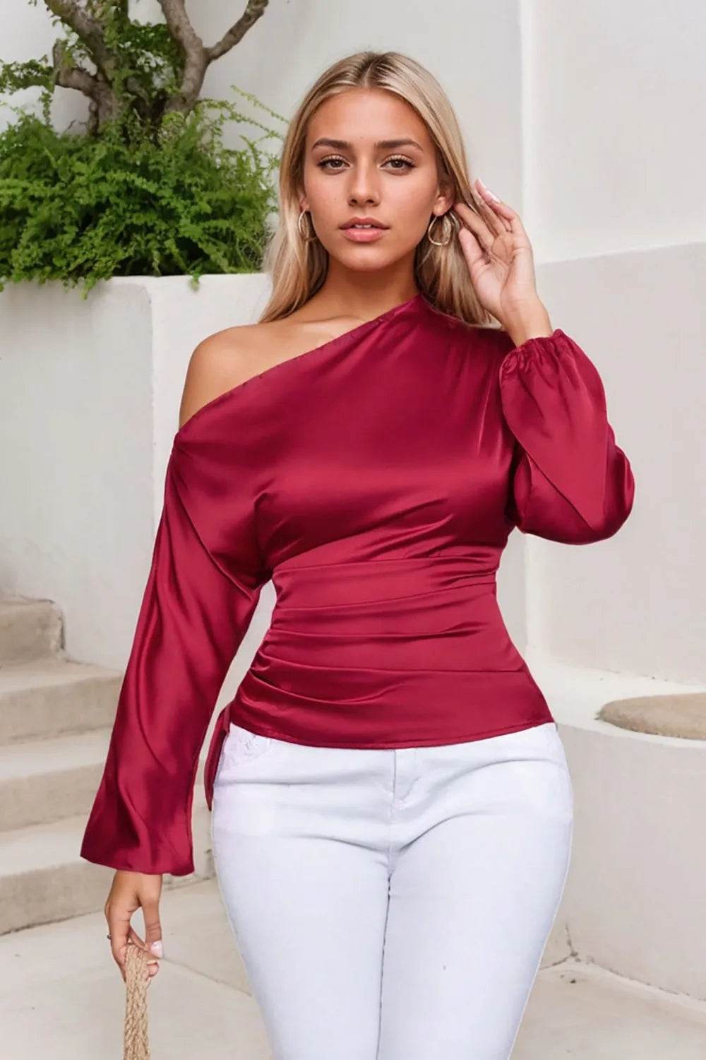 Drawstring One Shoulder Long Sleeve Blouse - Bona Fide Fashion