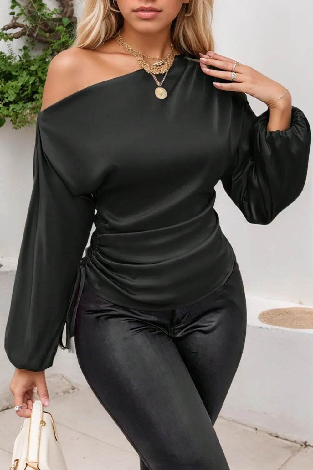 Drawstring One Shoulder Long Sleeve Blouse - Bona Fide Fashion