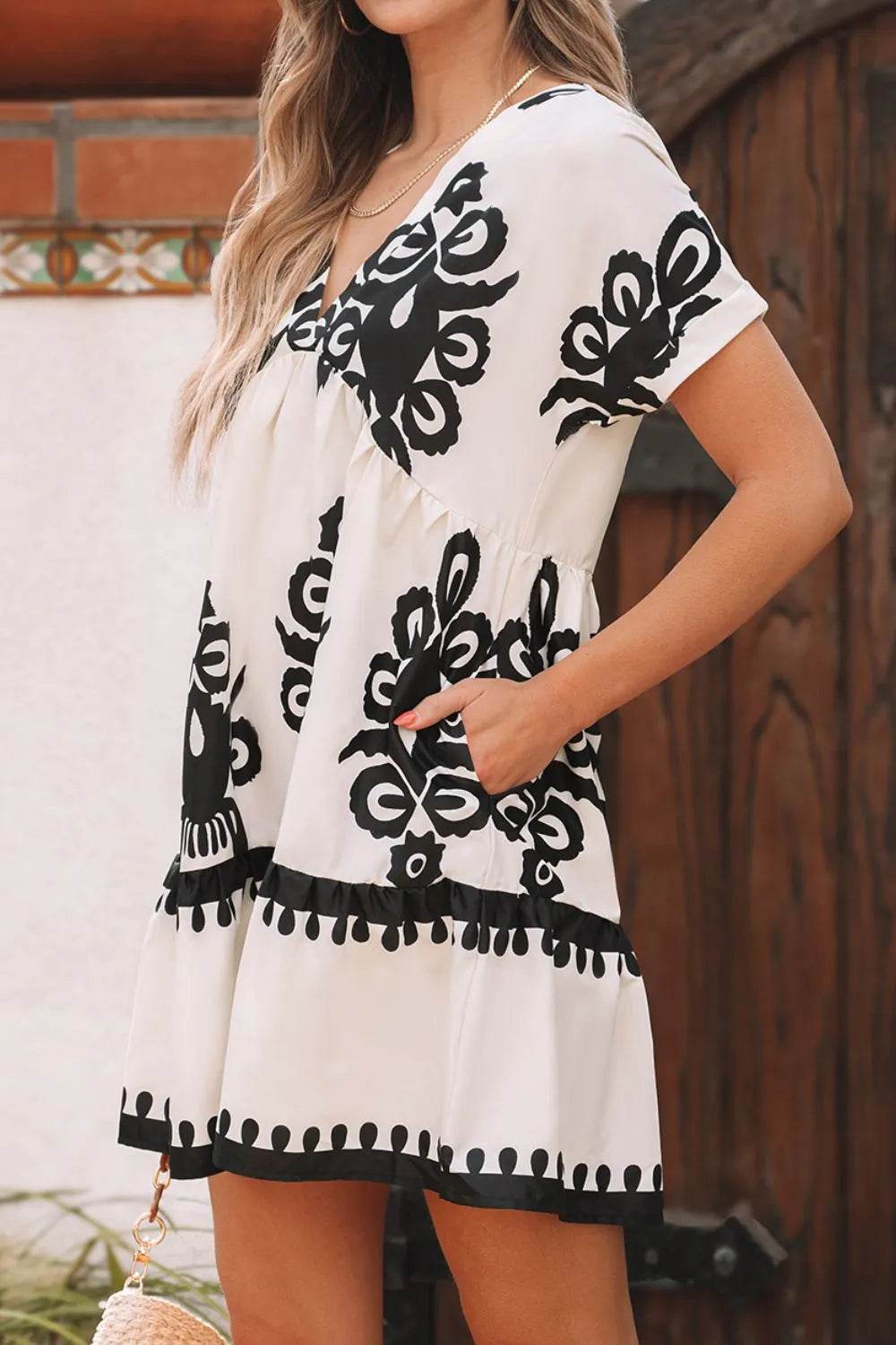 Printed V-Neck Short Sleeve Dress - Bona Fide Fashion
