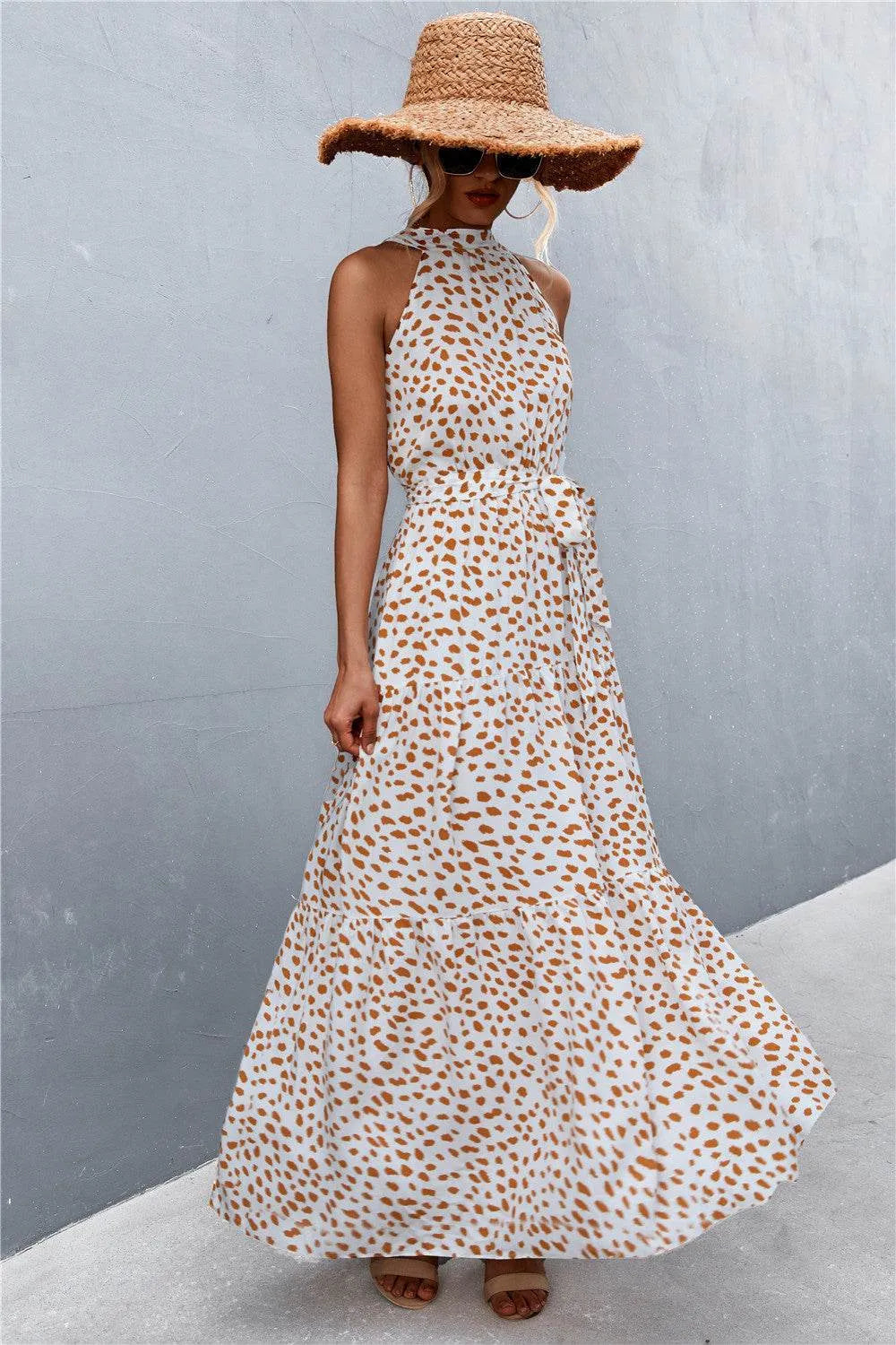 Printed Sleeveless Tie Waist Maxi Dress - Bona Fide Fashion