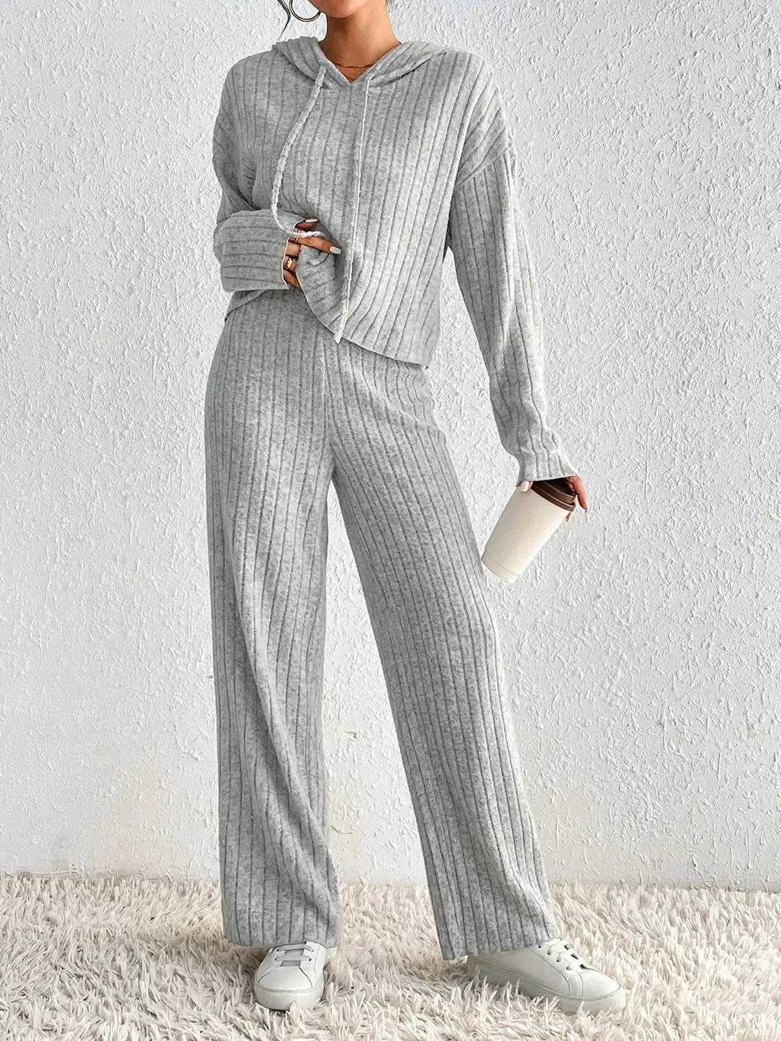 Honey Drawstring Ribbed Hoodie and Straight Leg Pants Set - Bona Fide Fashion