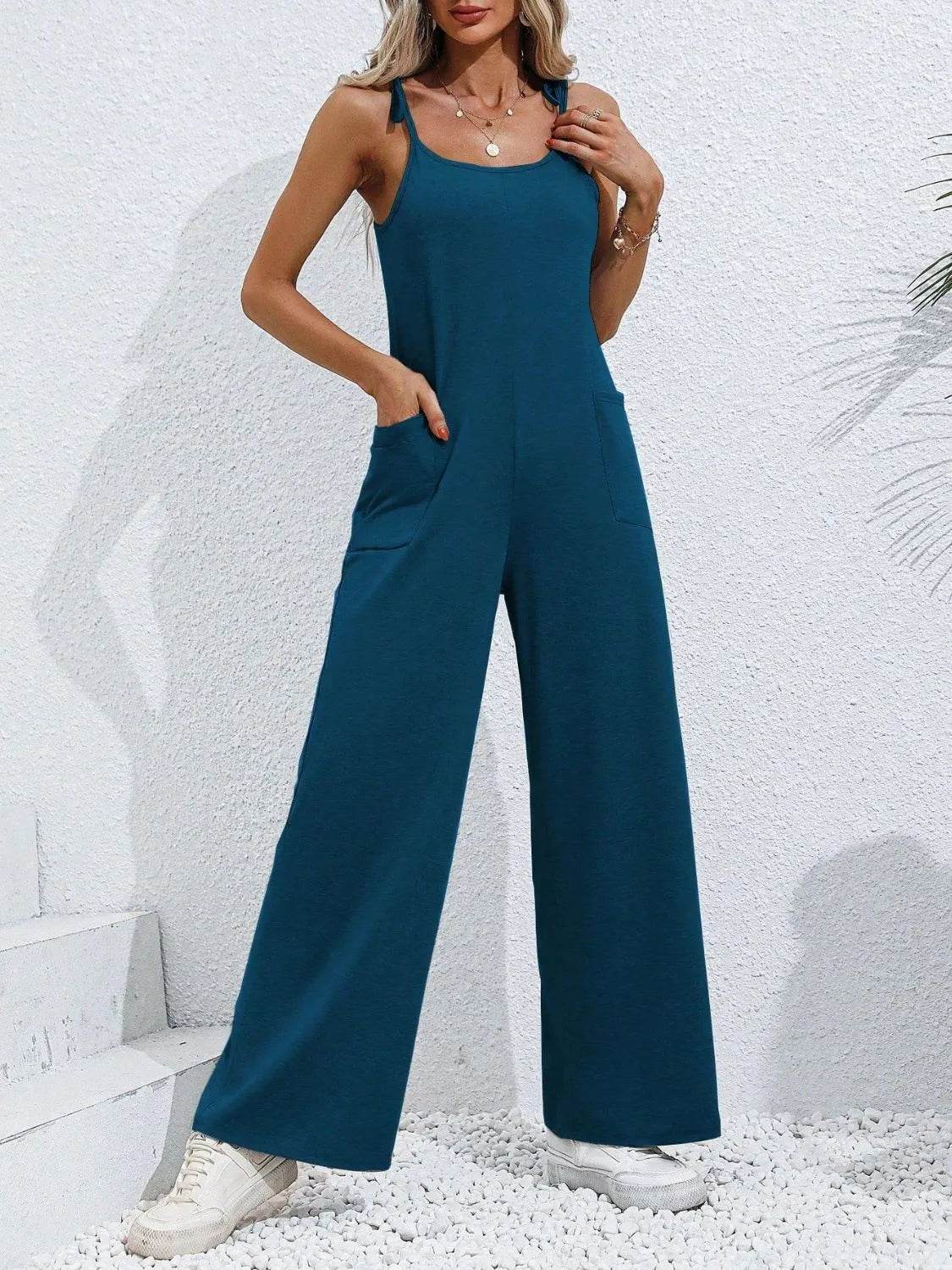 Scoop Neck Tie Shoulder Jumpsuit - Bona Fide Fashion