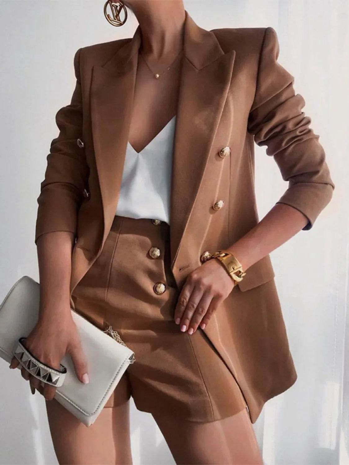 Lapel Collar Long Sleeve Blazer and Shorts Set - Bona Fide Fashion