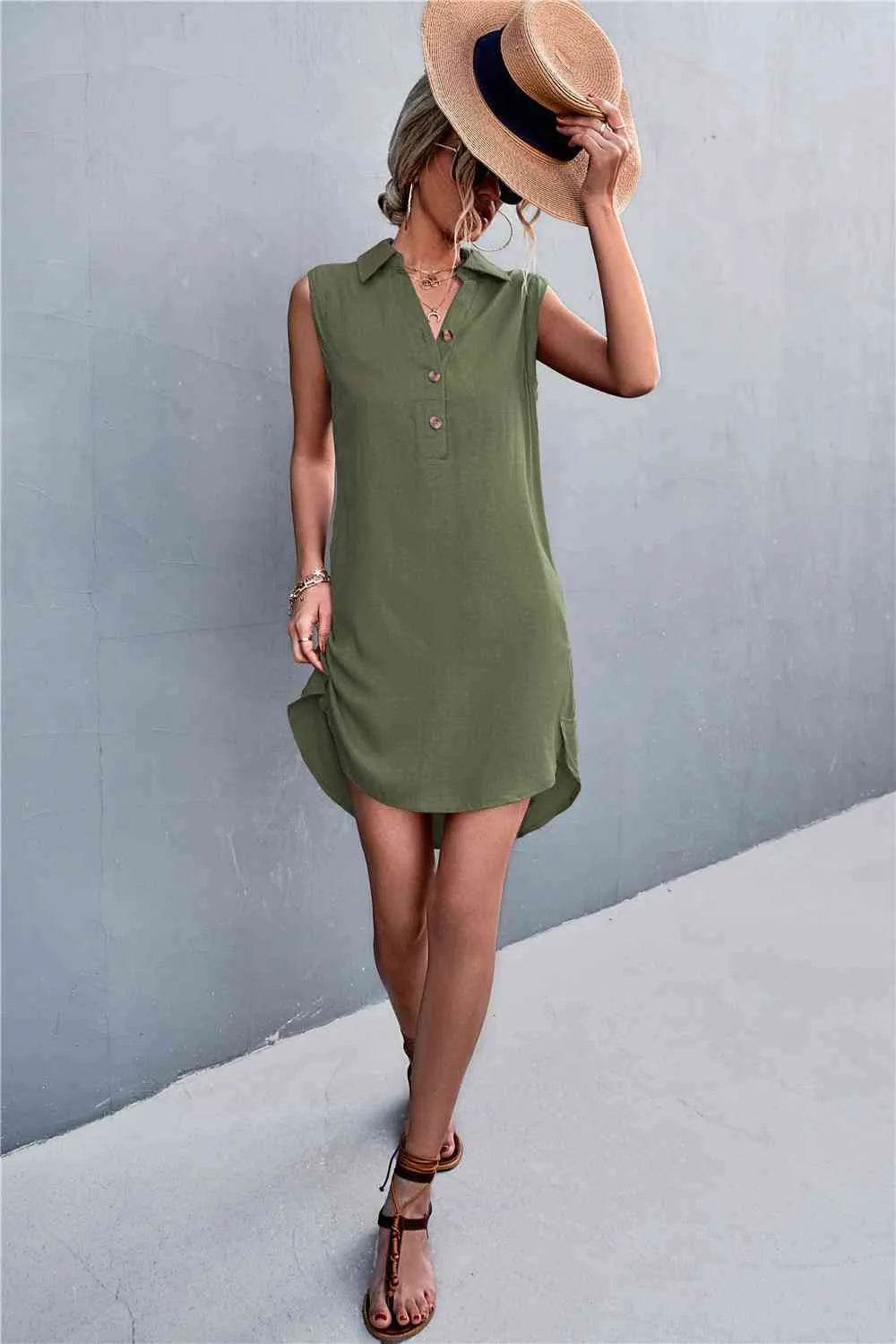 Buttoned Johnny Collar Sleeveless Dress - Bona Fide Fashion