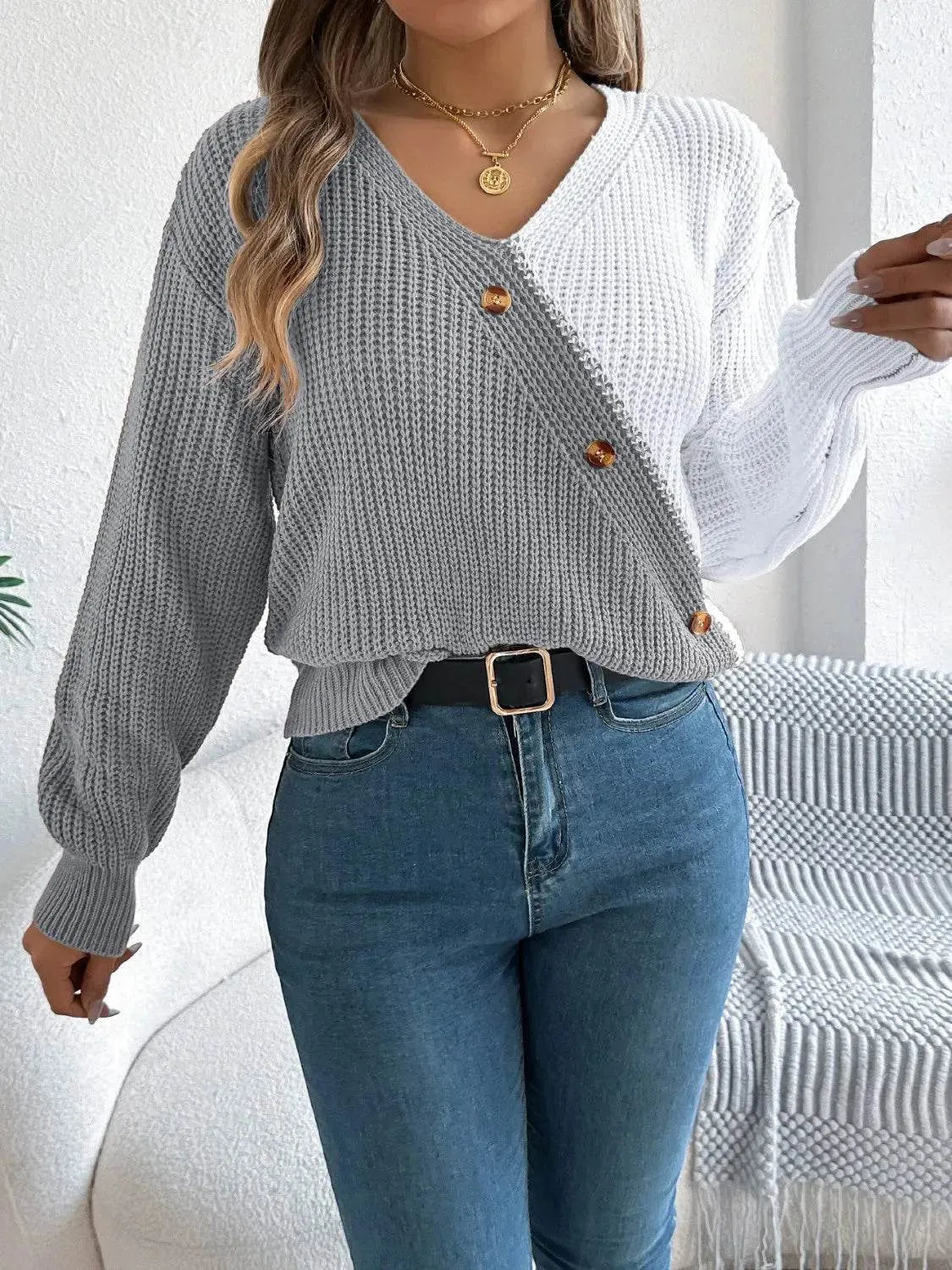 Two-Tone V-Neck Long Sleeve Sweater - Bona Fide Fashion