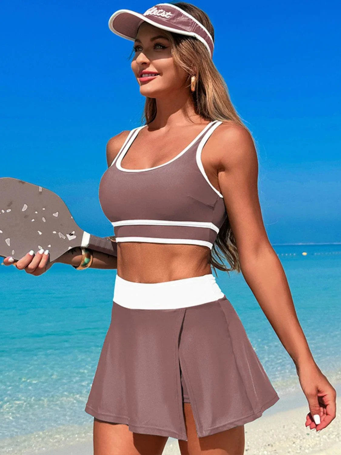 Scoop Neck Top and Skort Swim Set - Bona Fide Fashion
