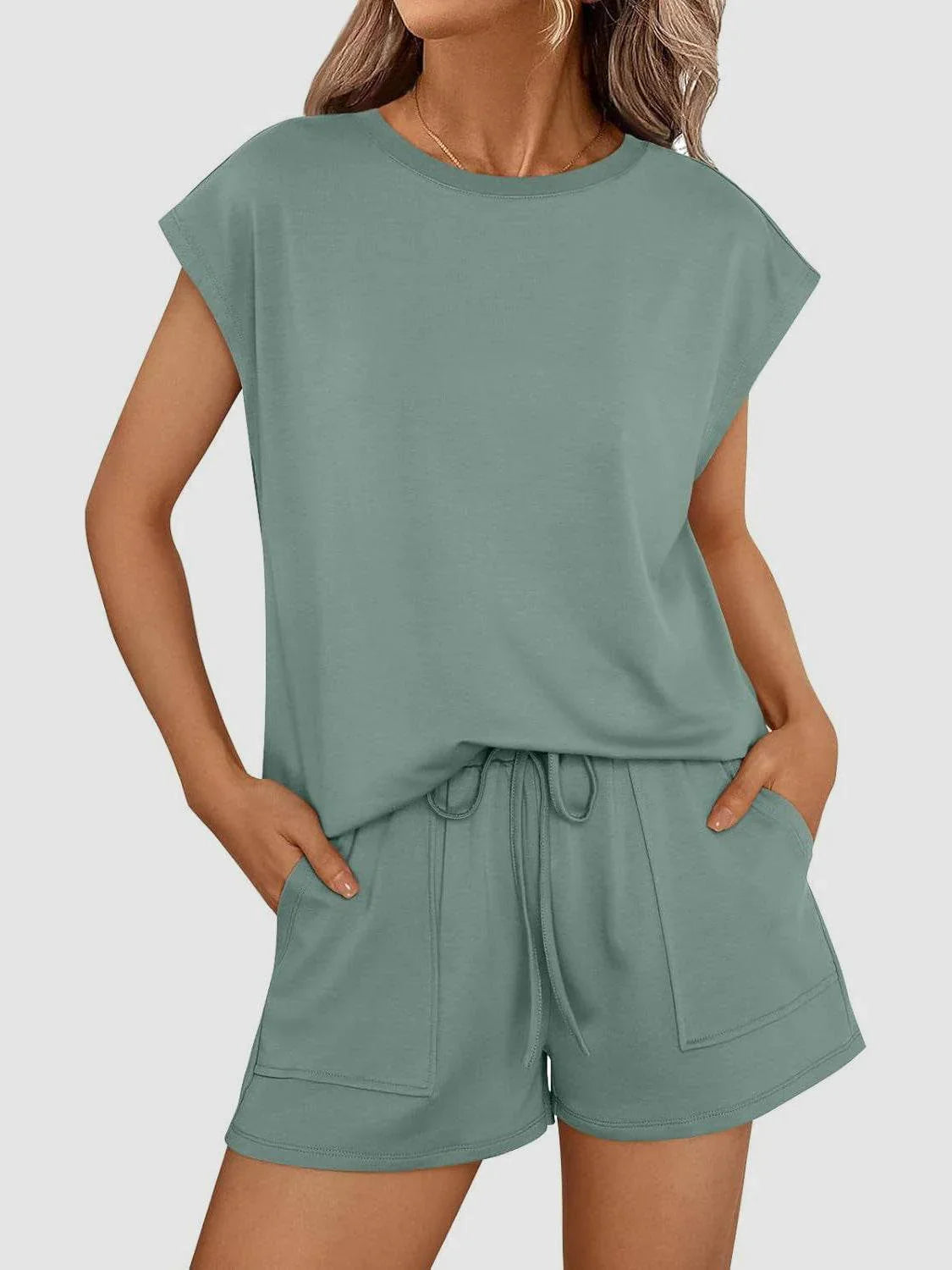 Round Neck Cap Sleeve Top and Shorts Set - Bona Fide Fashion