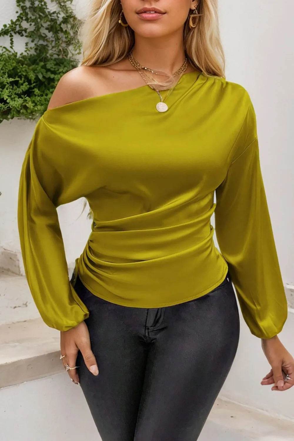 Drawstring One Shoulder Long Sleeve Blouse - Bona Fide Fashion