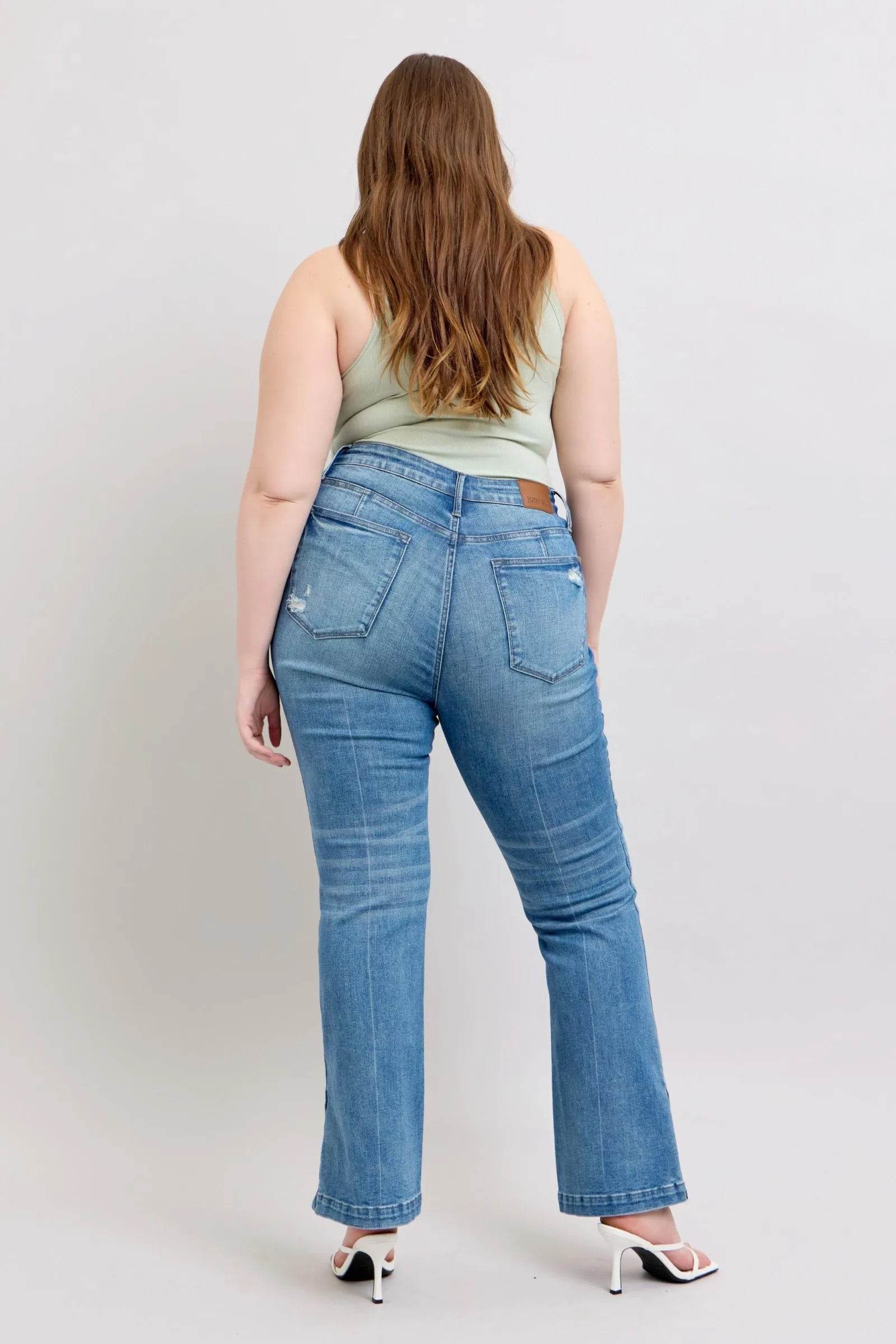 Judy Blue HW Tummy Control Vintage Wash Side Slit Slim Boot Jeans - Bona Fide Fashion