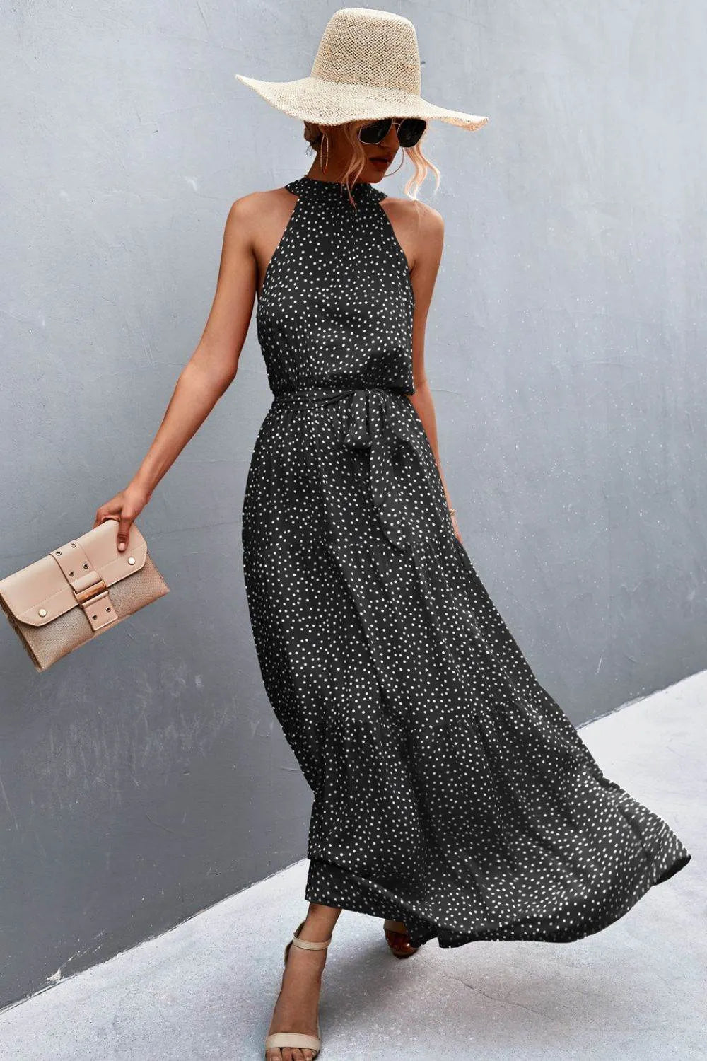 Printed Sleeveless Tie Waist Maxi Dress - Bona Fide Fashion