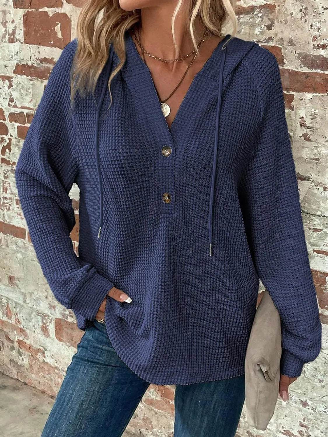 Waffle Knit Long Sleeve Drawstring Hooded Top - Bona Fide Fashion