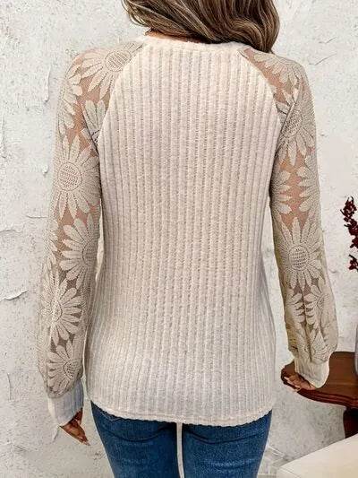 Round Neck Lace Patchwork Long Sleeve Top - Bona Fide Fashion