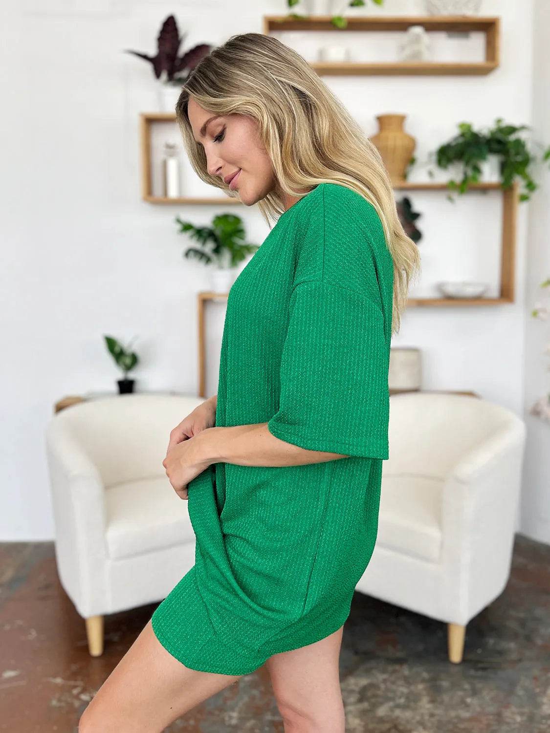 Double Take Full Size Texture Round Neck Drop Shoulder T-Shirt and Shorts Set - Bona Fide Fashion