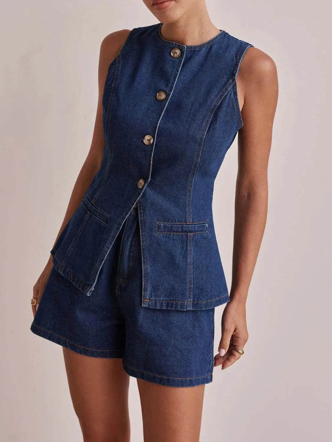 Button Down Vest and Shorts Denim Set - Bona Fide Fashion