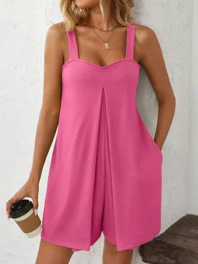 Mandy Sweetheart Neck Wide Strap Romper with Pockets - Bona Fide Fashion