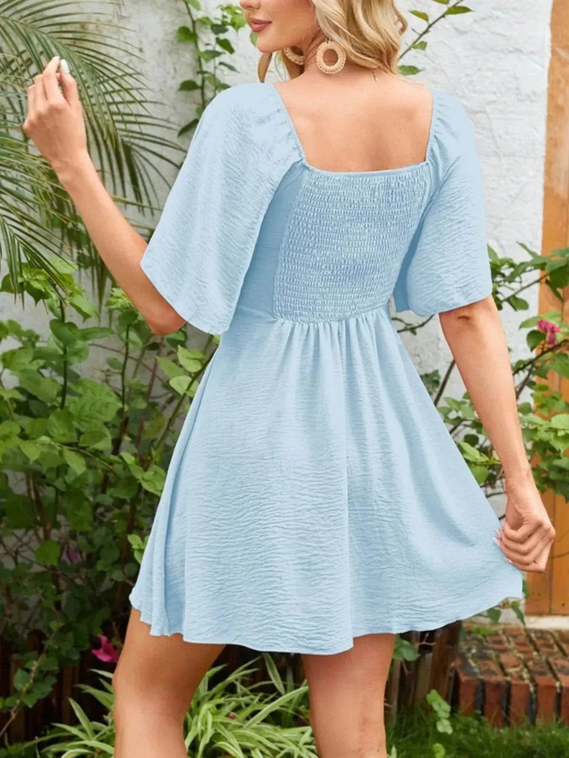 Smocked Back Knotted Flutter Sleeve Dress - Bona Fide Fashion