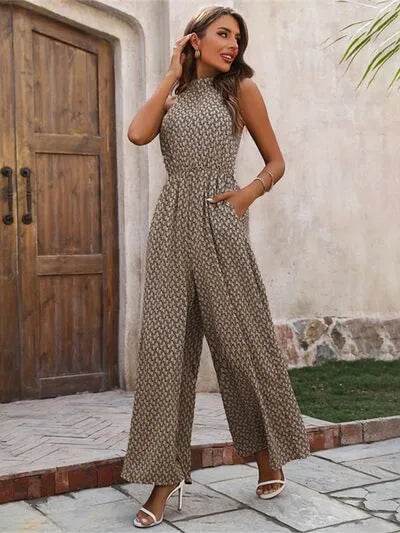 Printed Wide Leg Sleeveless Jumpsuit - Bona Fide Fashion