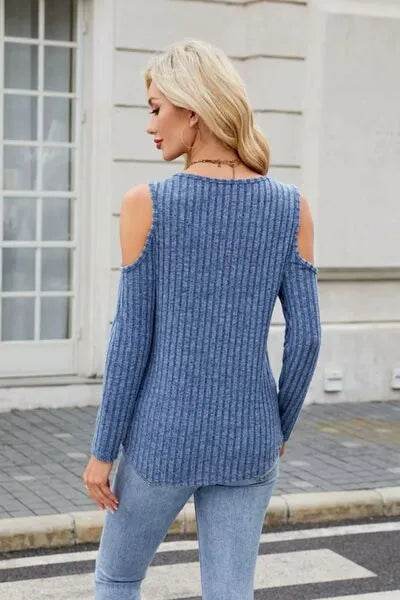 Ribbed Cold Shoulder Long Sleeve Top - Bona Fide Fashion
