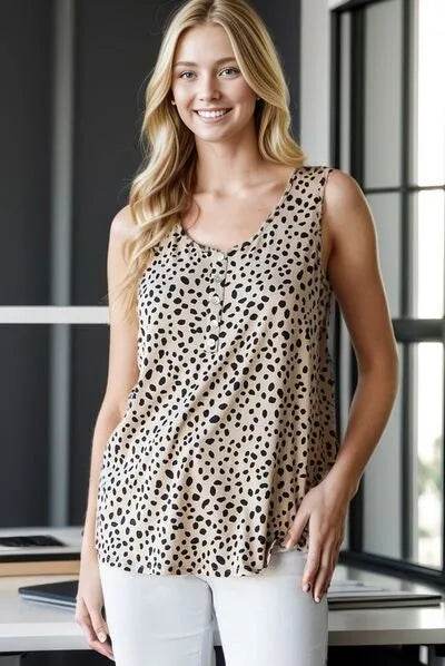 Heimish Full Size Front Button Animal Print Sleeveless Top Plus Size - Bona Fide Fashion