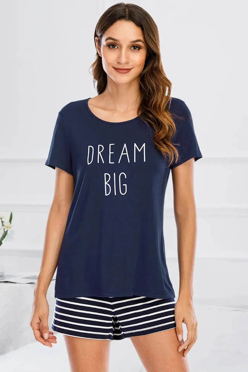 Graphic Round Neck and Striped Shorts Lounge Set - Bona Fide Fashion