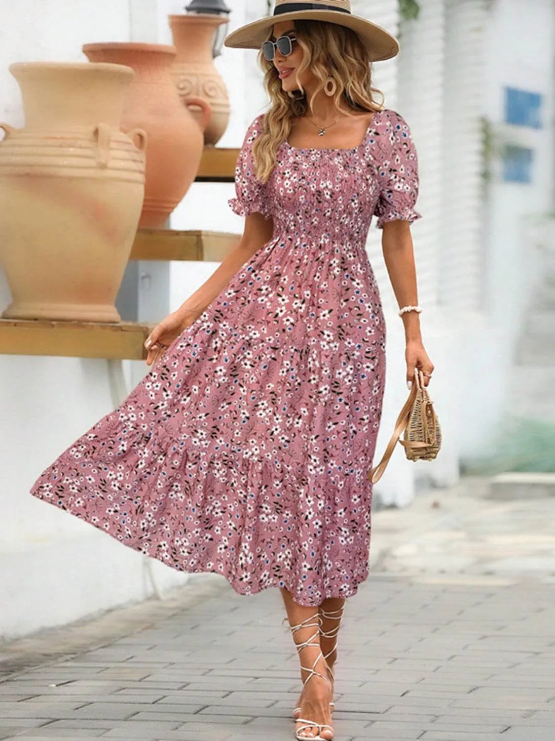 Floral Square Neck Short Sleeve Tiered Dress - Bona Fide Fashion