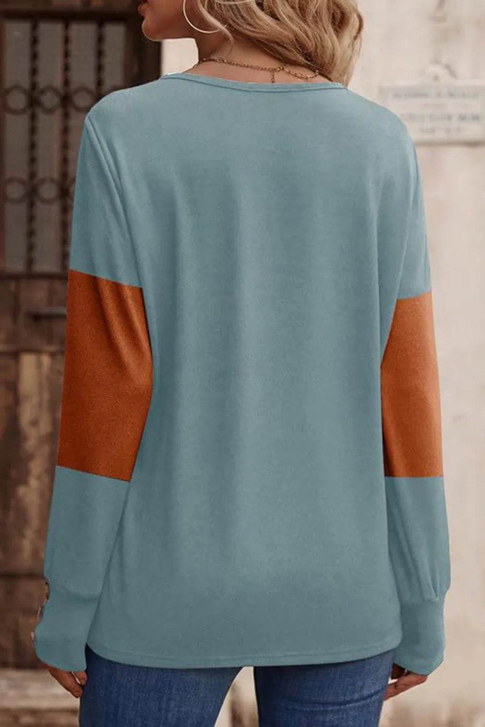 Decorative Button Contrast V-Neck Long Sleeve T-Shirt - Bona Fide Fashion