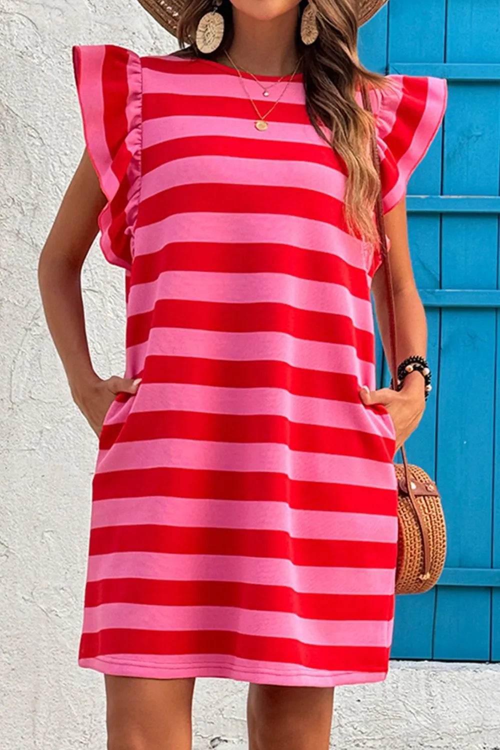 Contrast Striped Round Neck Cap Sleeve Mini Dress - Bona Fide Fashion