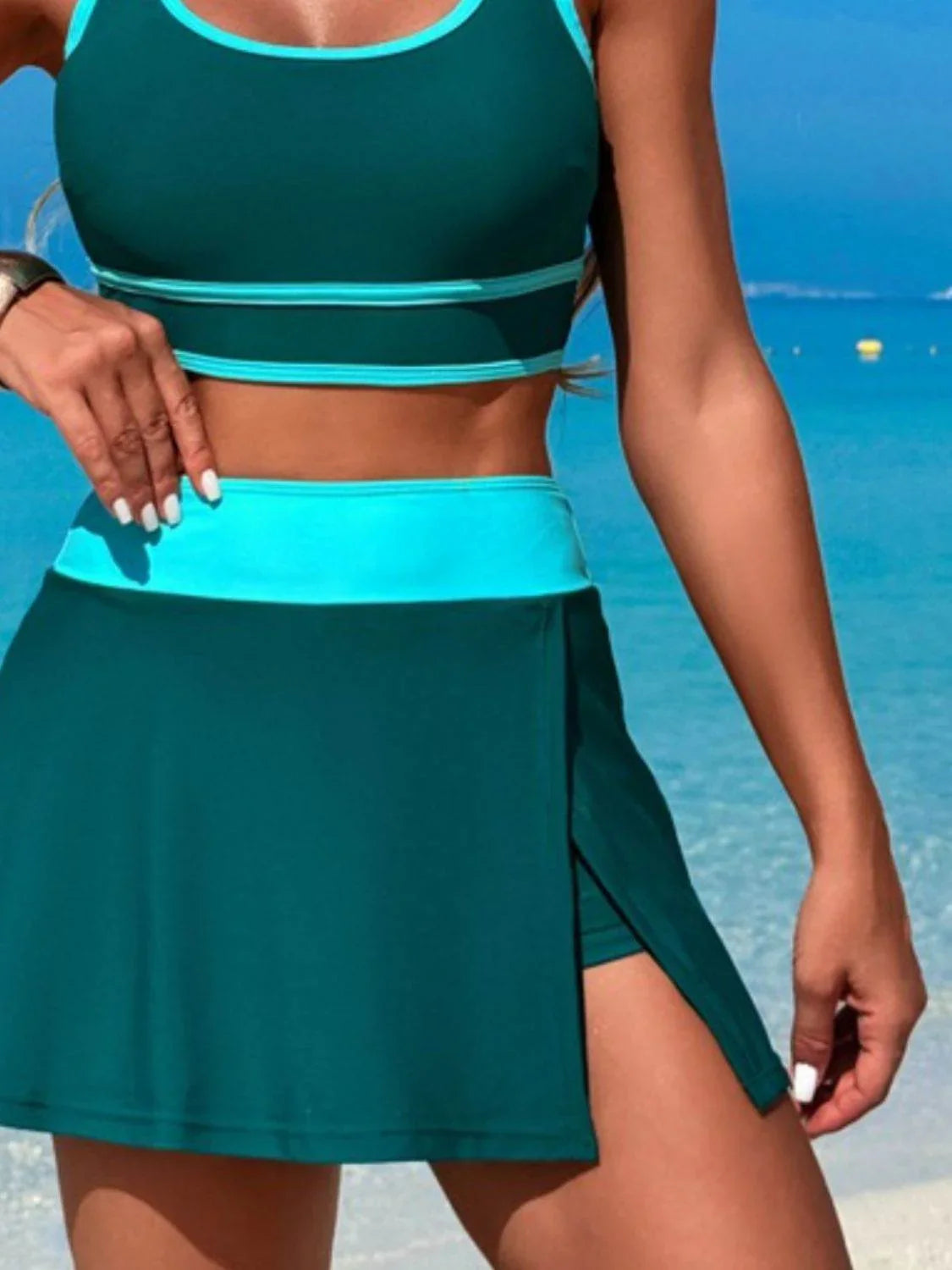 Scoop Neck Top and Skort Swim Set - Bona Fide Fashion