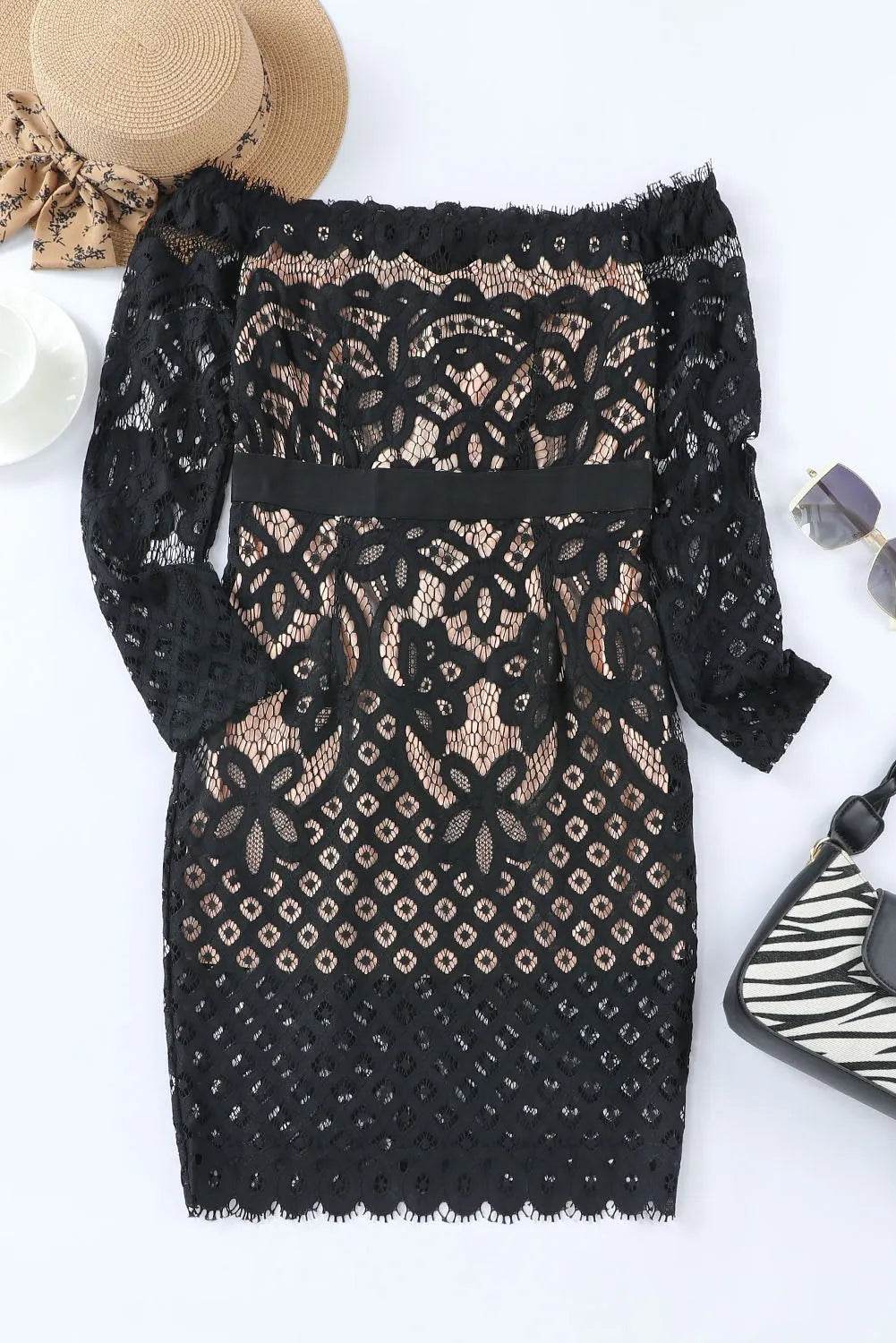 Off-Shoulder Long Sleeve Lace Dress - Bona Fide Fashion