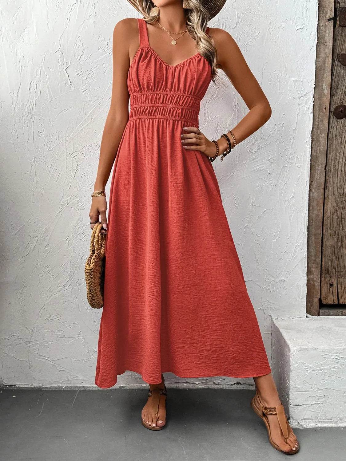 V-Neck Wide Strap Midi Cami Dress - Bona Fide Fashion