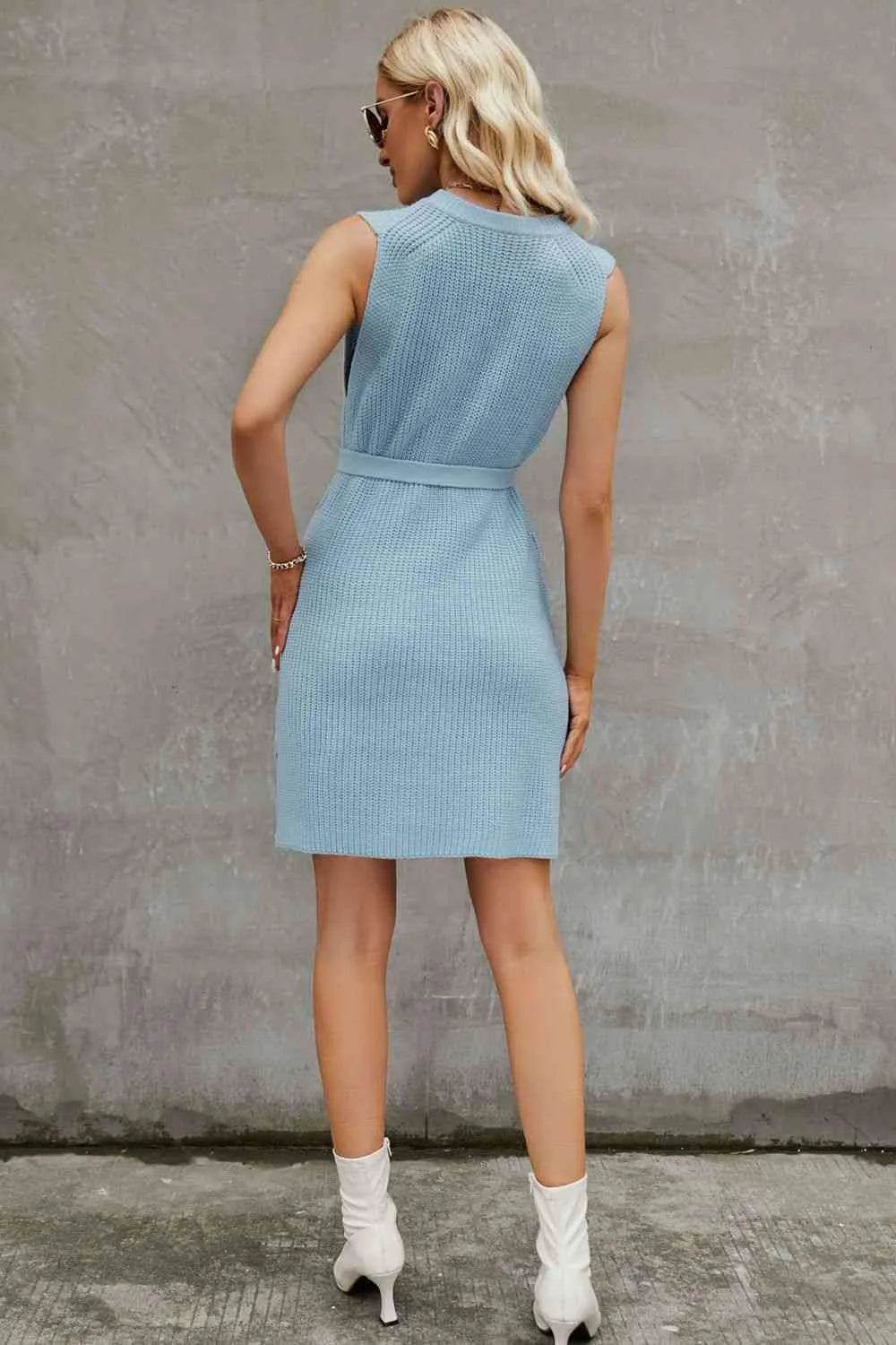 Round Neck Slit Sleeveless Sweater Dress - Bona Fide Fashion
