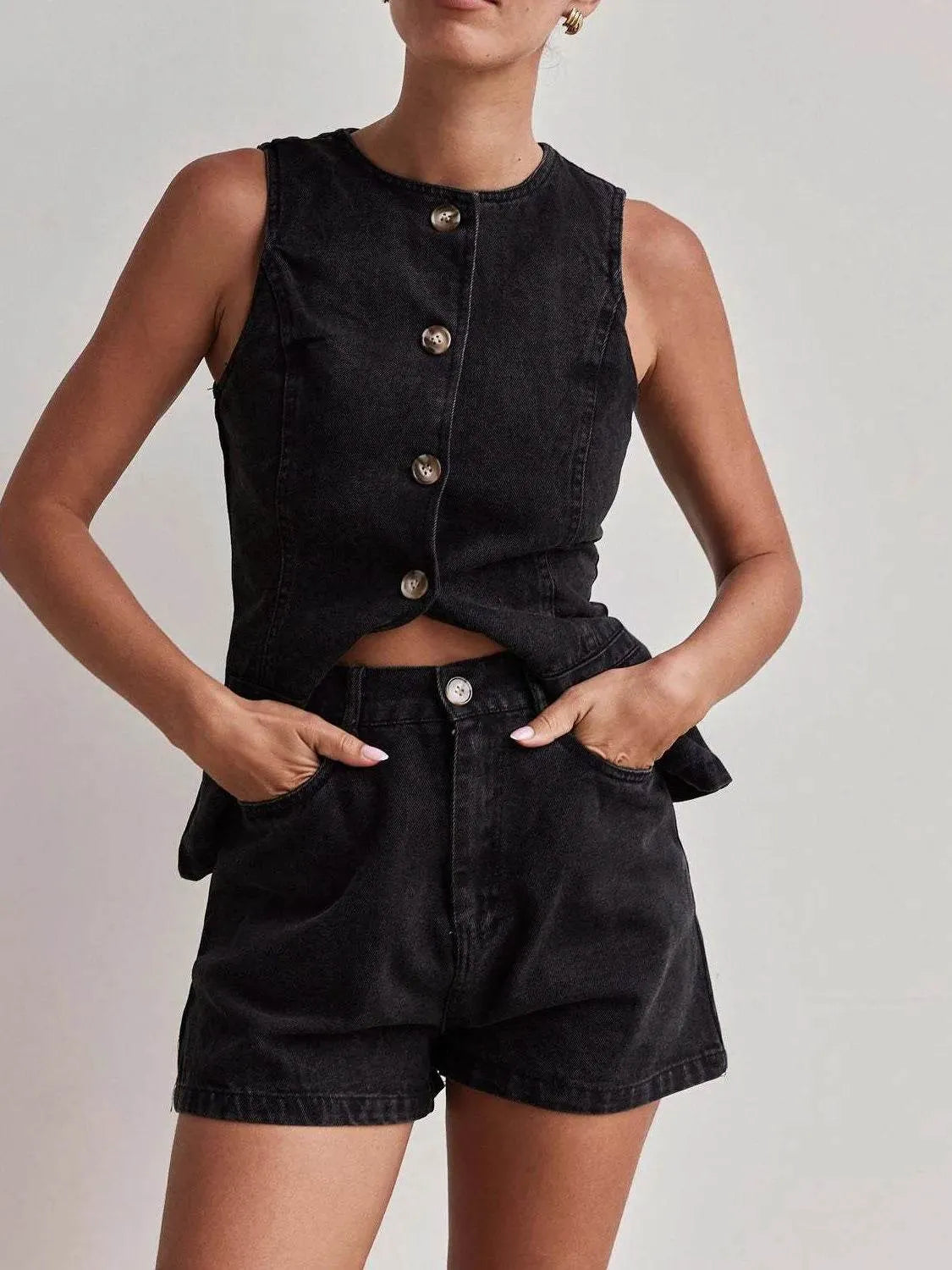 Button Down Vest and Shorts Denim Set - Bona Fide Fashion