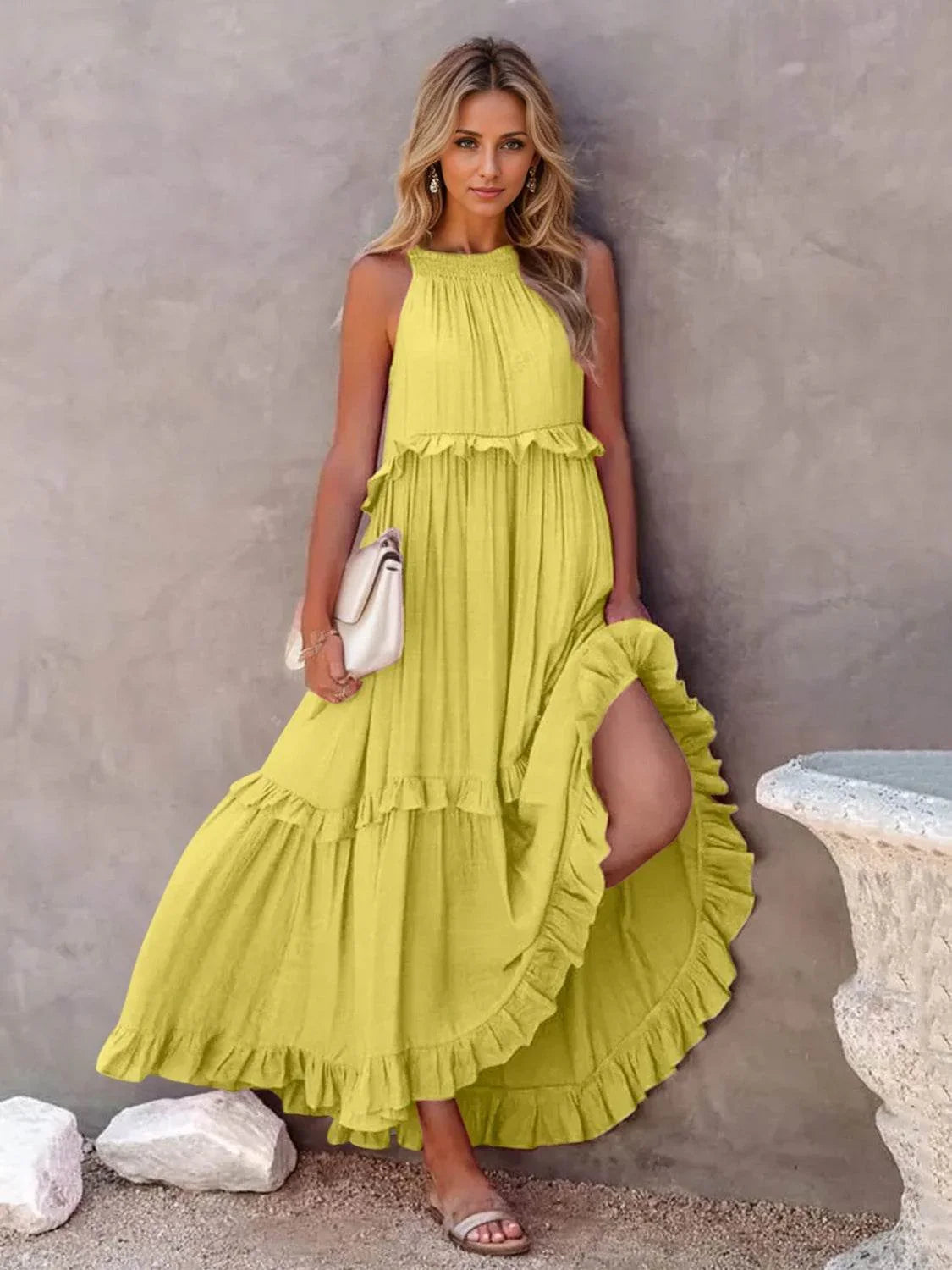 Ruffled Sleeveless Tiered Maxi Dress with Pockets - Bona Fide Fashion