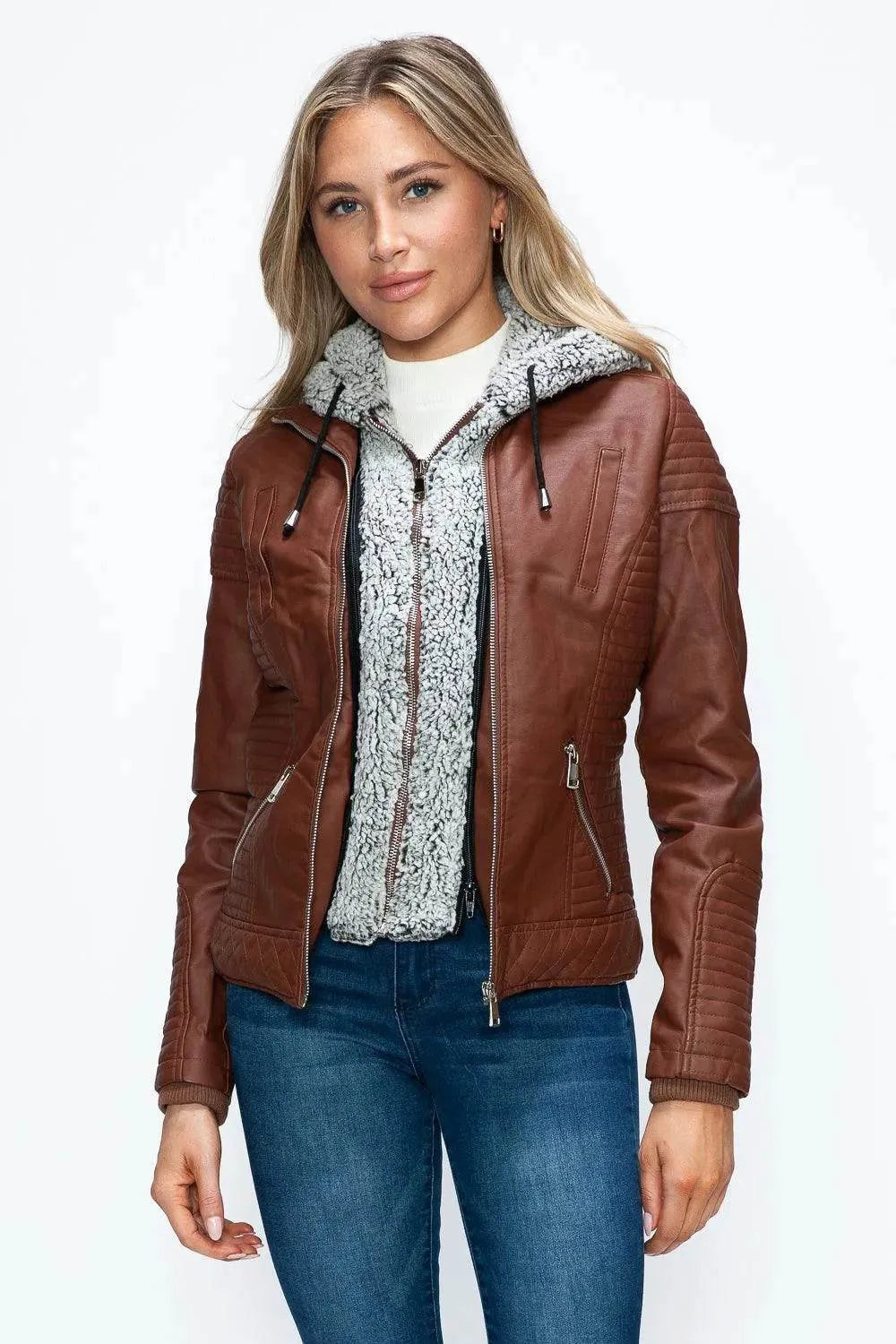 YMI Faux Layered Double-Zipper Jacket with Fuzzy Hood - Bona Fide Fashion