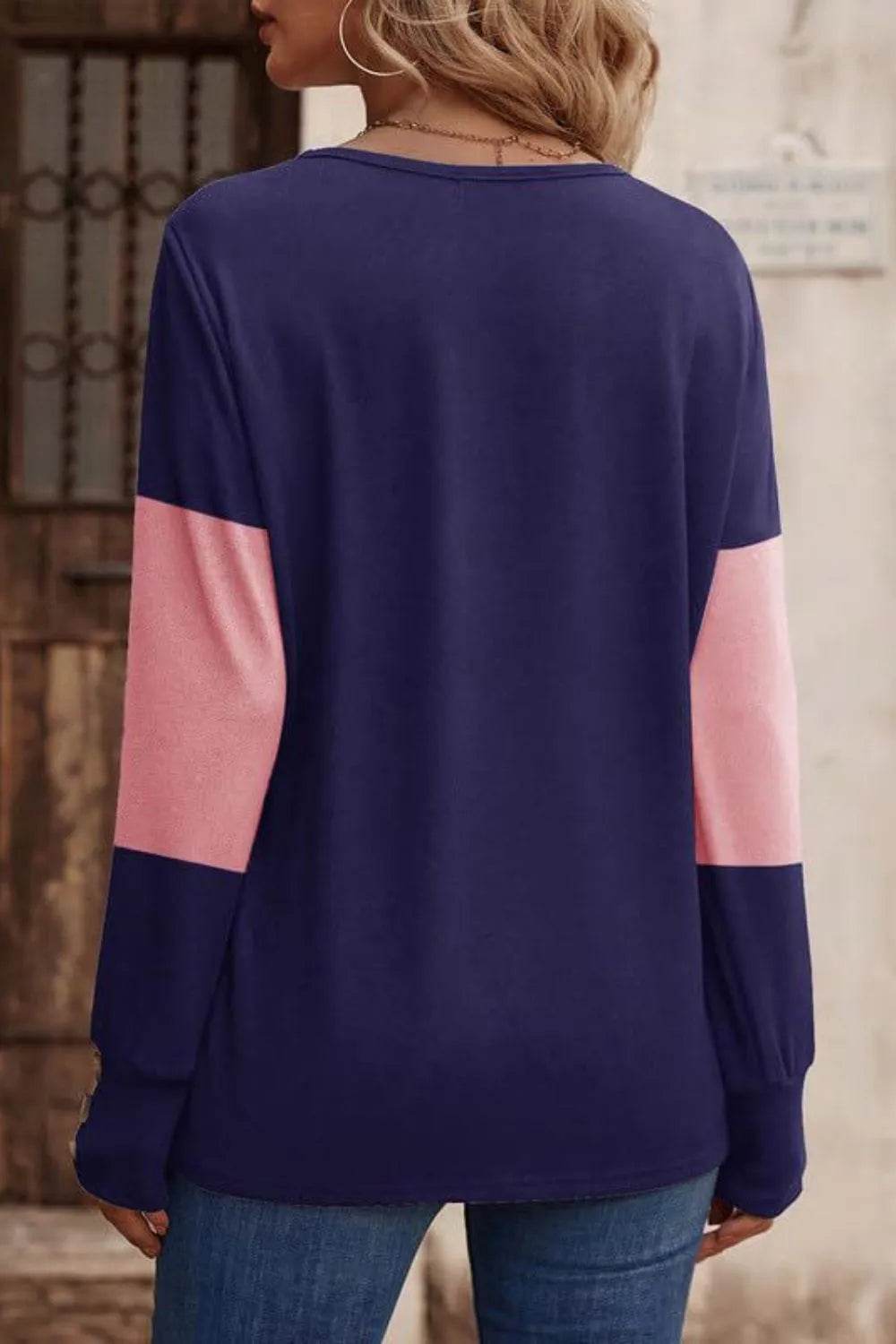 Decorative Button Contrast V-Neck Long Sleeve T-Shirt - Bona Fide Fashion