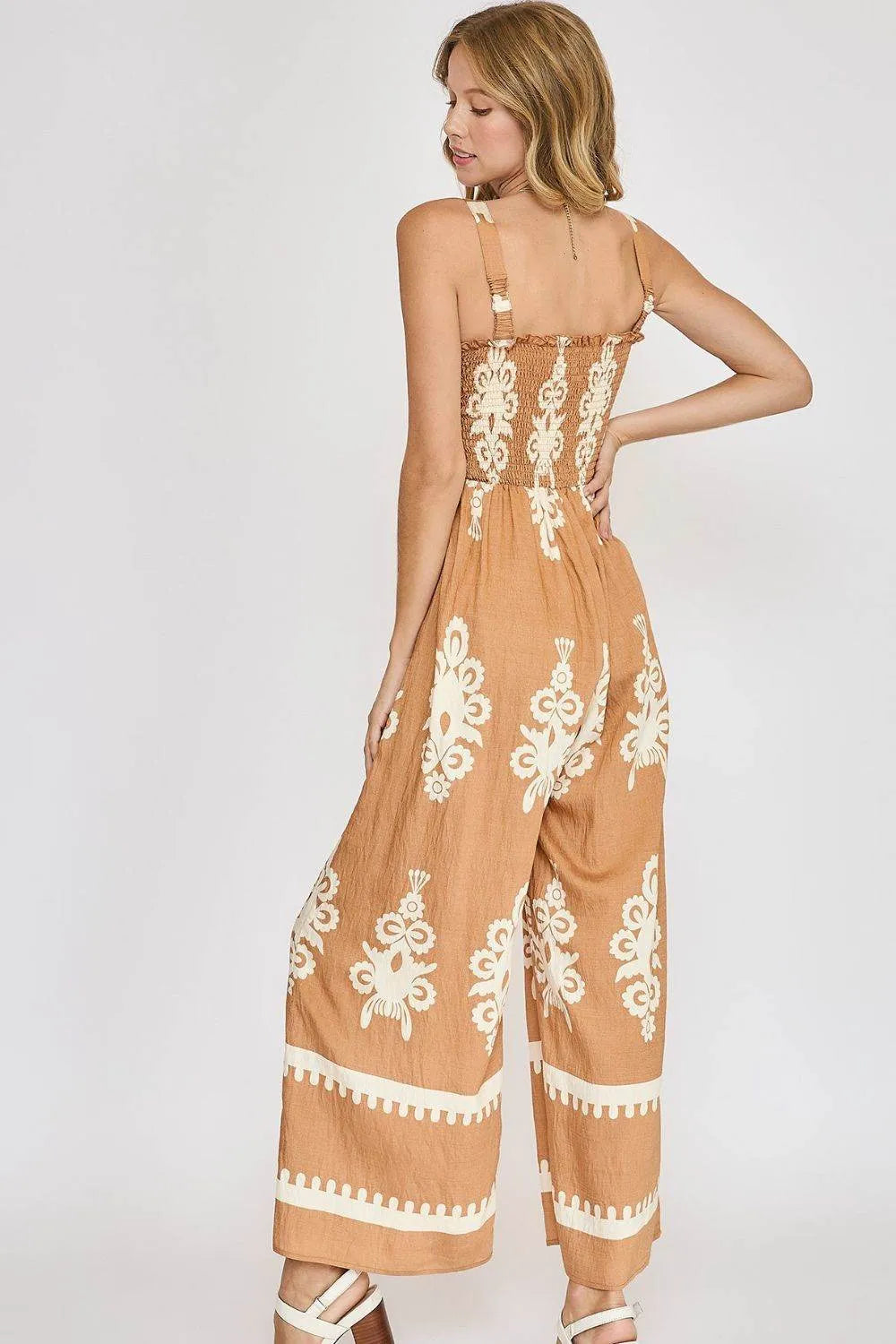 Umgee Full Size Smocked Printed Wide Leg Jumpsuit Plus Size - Bona Fide Fashion