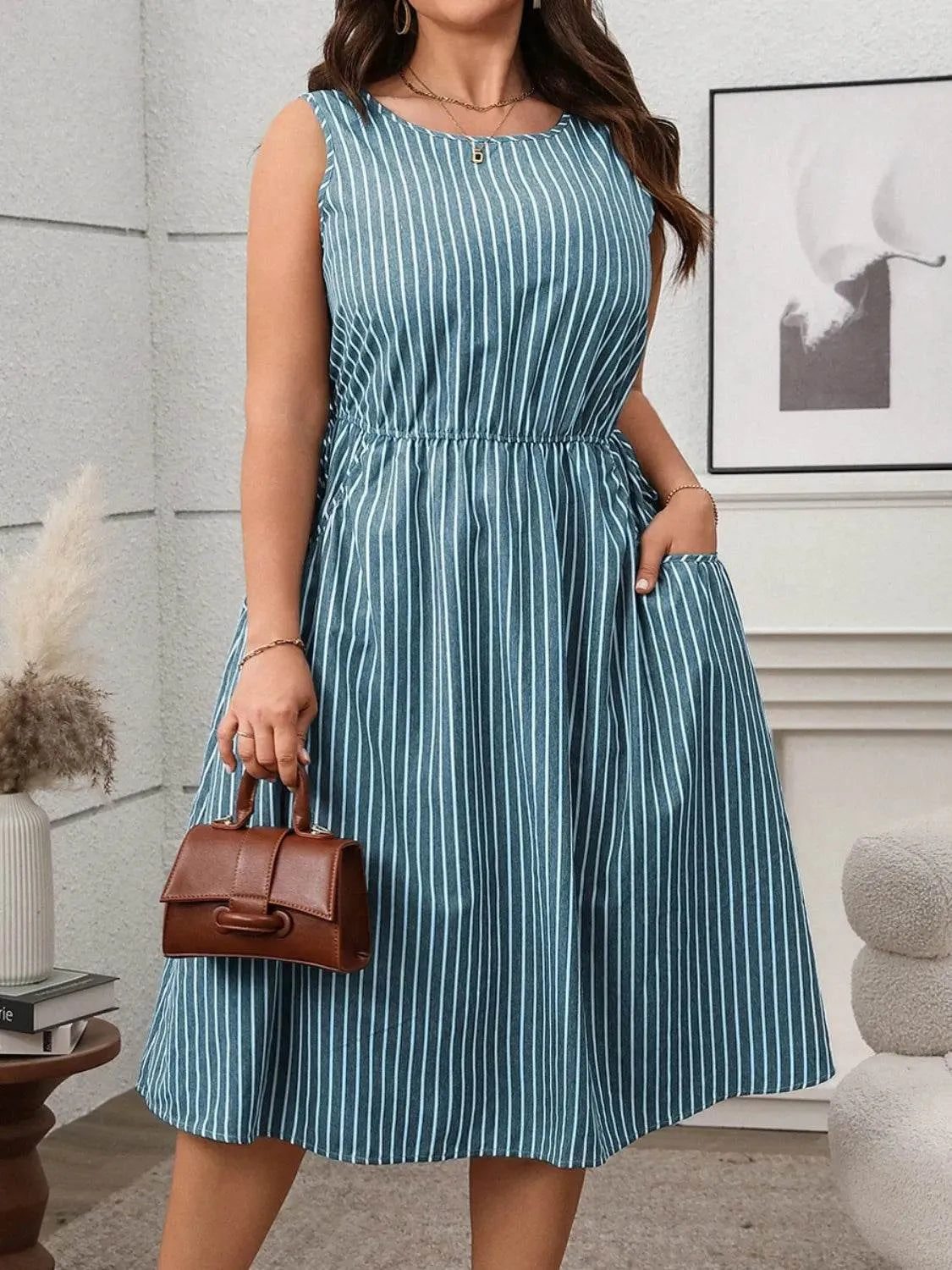 Plus Size Striped Round Neck Sleeveless Dress - Bona Fide Fashion