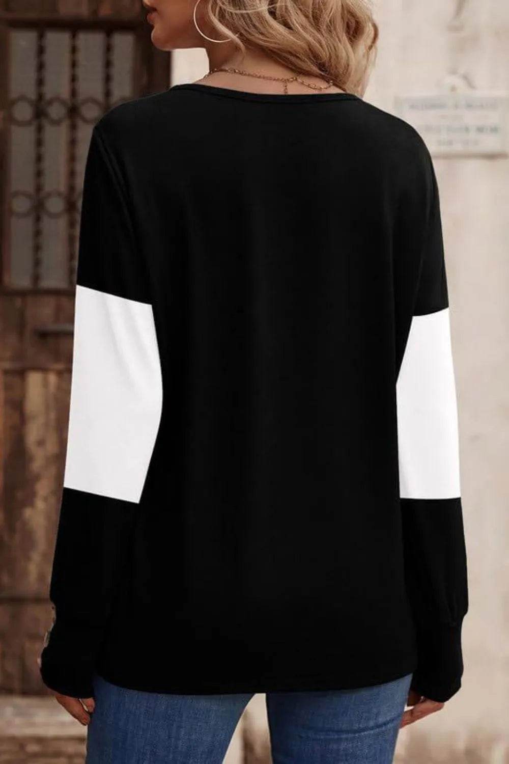 Decorative Button Contrast V-Neck Long Sleeve T-Shirt - Bona Fide Fashion