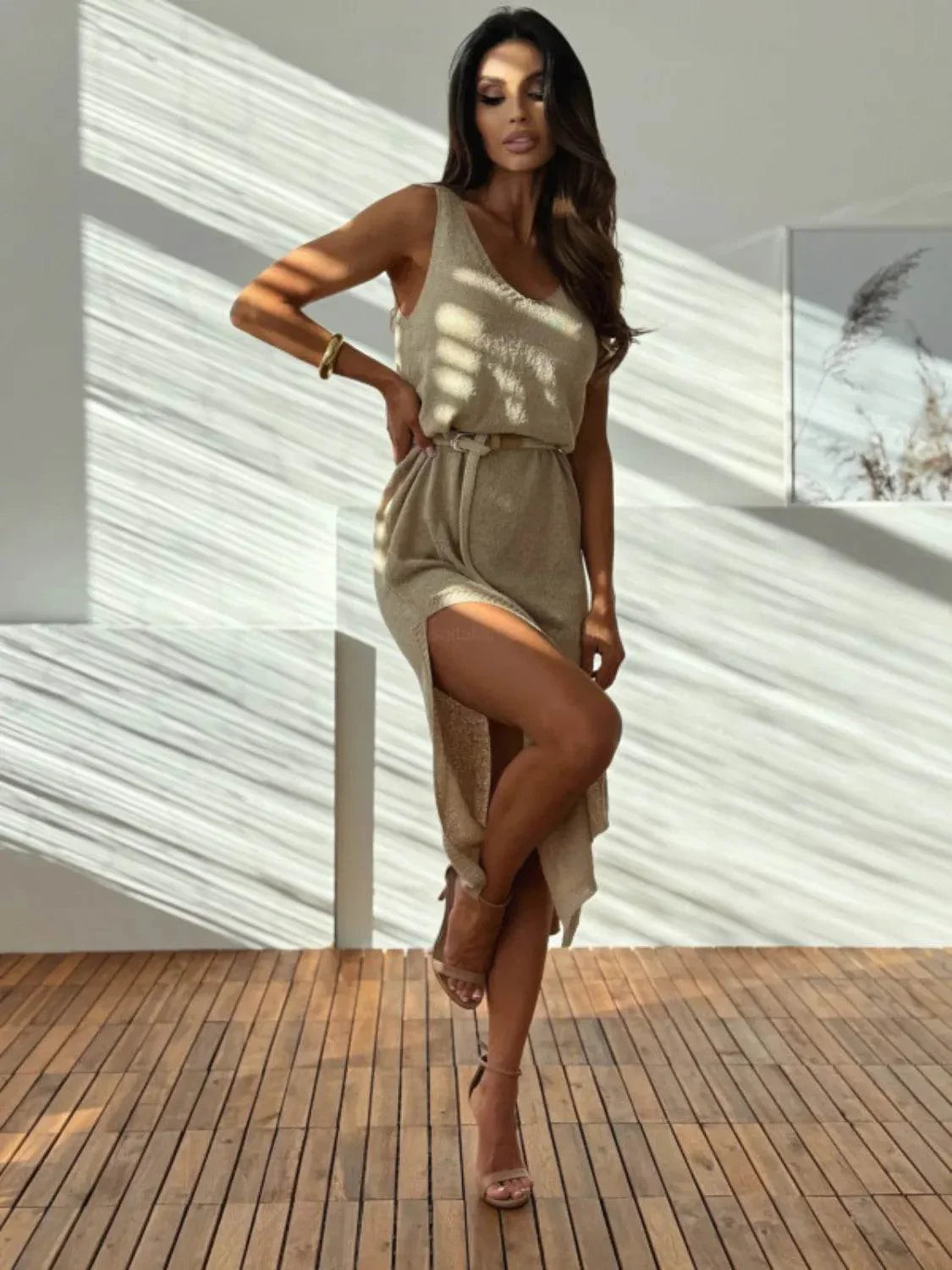 Slit V-Neck Sleeveless Sweater Dress - Bona Fide Fashion